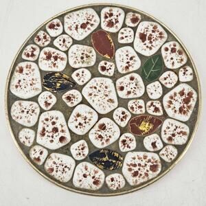 Vintage MCM mosaic pebbled style textured enamel trivet candle stand decor